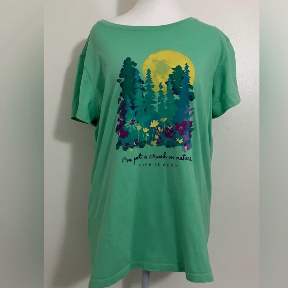Life Is Good Green Short Sleeve Tee with Forest & Sun Graphic